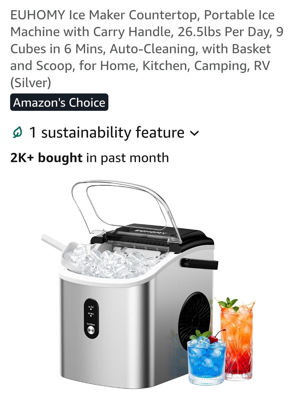 EUHOMY Portable Countertop Ice Maker - Silver & Black